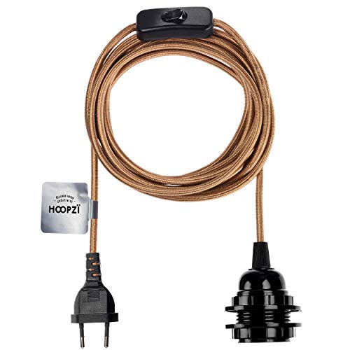 Hoopzi - Bala - Portalamparas E27 con Enchufe y interruptor - Cable Electrico Trenzado Vintage - 36 Colores - 4,5 Metros - Color Cobre