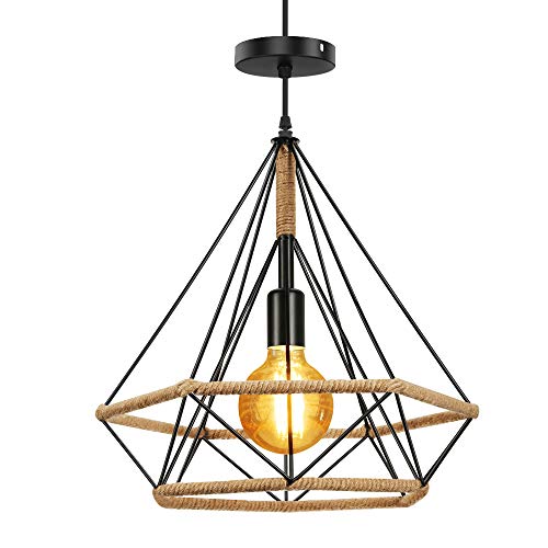 Horevo Lámpara de Techo Retro Vintage Industrial, Colgante Lámpara Negro Metal, Loft luz forma de Diamante, E27 Base de la Bombilla, para Cocina, Restaurante, Comedor (incluyendo 8W bombilla)