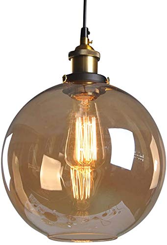 Huahan Haituo colgante luz Vintage Industrial Metal acabado cristal la bola de cristal redonda sombra Loft colgante Lámpara Retro Lamp Vintage luz de techo (Ámbar,20CM)
