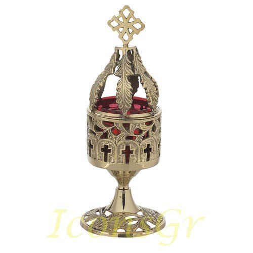 IconsGr Lámpara de Aceite de Mesa en Bronce ortodoxo Culto Cristiano Copa Griega con vigilia Vela roja 8074b