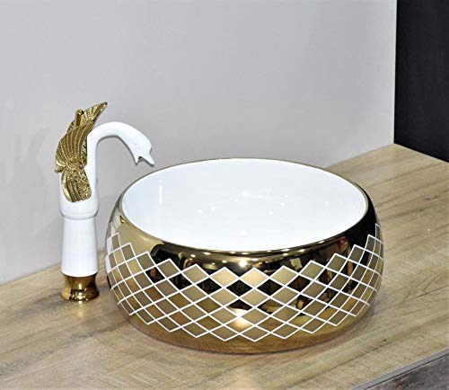 InArt Lavabo Sobre Encimera de Baño Lavabo Porcelana forma redonda de cerámica para baño Lavabo de Cerámica, Fregadero de sobre Encimera 40 x 40 x 15 CM (Patrón de color blanco dorado)