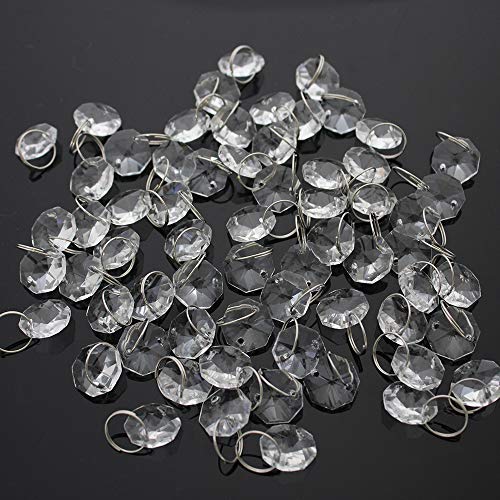 JaneYi (100 Piezas) 14mm Perlas Octogonales de Cristal Transparente y 11 mm Anillos de Acero Inoxidable con 6 Mini Ganchos para Bricolaje Cortina Araña Ventana Árbol Boda Partido Hotel Decoración