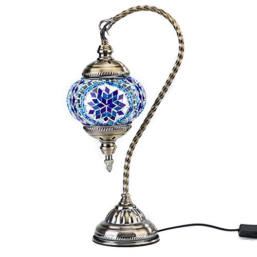 Kindgoo Lámpara Turca de Mosaico in Cristal de Mesilla Colgante Swan Neck Bronze Base (Azul)