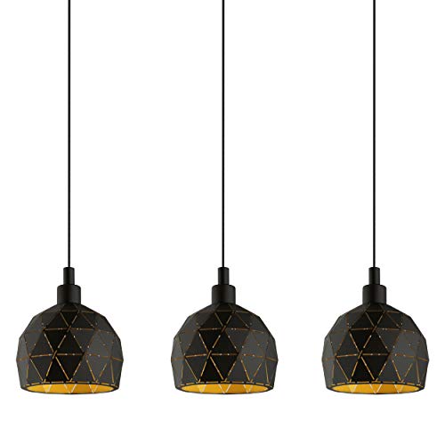Lámpara colgante EGLO ROCCAFORTE, lámpara de suspensión con 3 bombillas, lámpara colgada de acero, color: negro, dorado, casquillo: E14