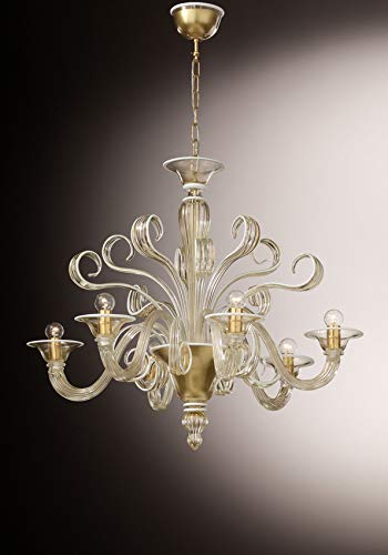 Lámpara de araña de cristal de Murano con 6 luces, vidrio con pan de oro de 24 kt, decoraciones de cristal blanco