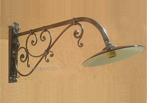 Lámpara de brazo de pared de hierro forjado 1185, forjada a mano, color negro pálido plateado, con plato esmaltado, portalámparas E27