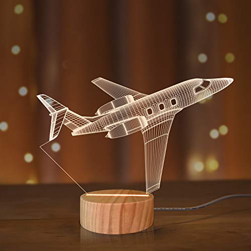 Lámpara de ilusión 3D con luz nocturna de avión, lámpara de mesa de madera de colores suaves y cálidos para niños Regalos de piloto con alimentación USB (Vendedor exclusivo: LIGHTZZ)