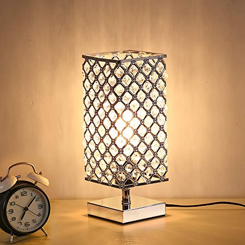 Lámpara de mesita de noche de cristal cromado decorativa moderna cuadrada, luz de escritorio de mesita de noche cuadrada de plata cristalina