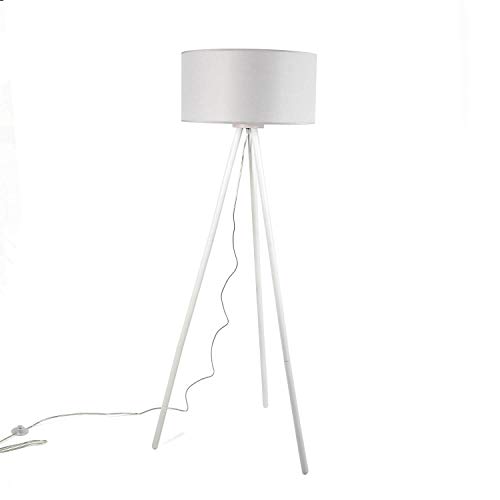 Lámpara de pie con tres patas, pantalla de tela, madera, gris, blanco, diámetro de 50 cm, E27, escandinavo, lámpara de pie desmontable Lámpara de pie con tres patas, pantalla de tela, madera, gris, blanco, diámetro de 50 cm, E27, escandinavo, lámpara de pie desmontable