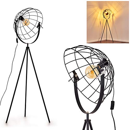 Lámpara de pie Saturn, de metal en negro, Ø 42 cm, 1x E27, máx. 60 vatios, diseño retro con rejilla metálica y efecto retroiluminación, adecuada para bombillas LED