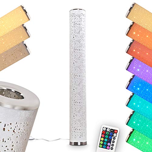 Lámpara de pie Tumba regulable LED Tumba en tejido blanco, 1 x LED 8 vatios, 3000 Kelvin, 700 Lúmenes, con mando a distancia y regulador de color y efecto purpurina, ideal para salón