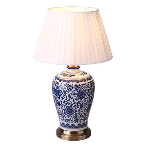 Lámpara de sobremesa de porcelana azul y blanca Lámpara de sobremesa moderna que cuida los ojos Luz de lectura simple con pantalla de tela para la sala de estar del dormitorio, base de bronce 58 cm
