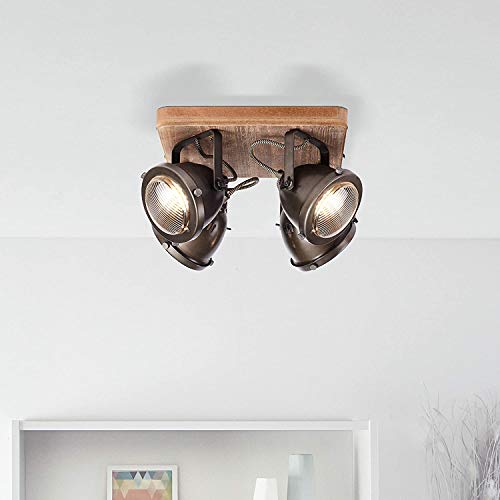 Lámpara de techo rústica con 4 focos, GU10, máx. 5 W, de metal y madera quemada, color marrón