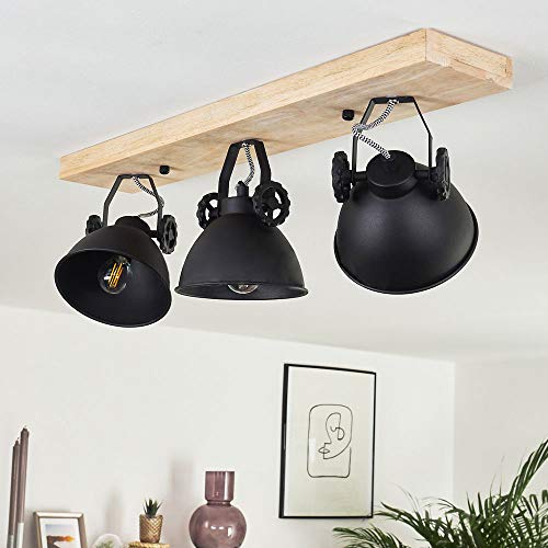 Lámpara de techo Svanfolk de metal y madera en negro/marrón, 3 x E14, máx 40 vatios, diseño industrial, focos ajustables, ideal para sala de estar y dormitorio