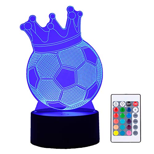 Lámpara LED con efecto 3D de pelota de futbol balon con corona rey, 16 colores táctil control remoto, modo USB y batería, ilusión óptica, regalo decoración nocturna habitación