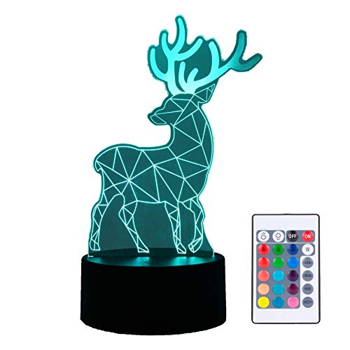 Lámpara LED con efecto 3D de reno ciervo animal salvaje voronoid de diseño, 16 colores táctil y control remoto, modo USB y batería, ilusión óptica, regalo decoración nocturna para habitación
