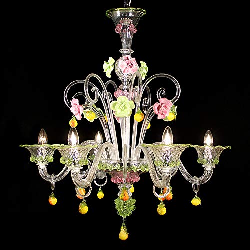 Lámpara Murano Zara – 8 luces – Cristal decoración rosa y verde | Zara modelo – 8 luces – Cristal, rosa y verde decoración