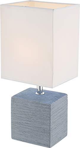 Lámpara para mesita de noche con pantalla de tela blanca, pantalla decorativa (lámpara de mesita de noche, lámpara de mesa, altura 29 cm, base de cerámica gris)