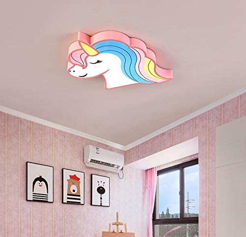 LED Lámpara de Techo Regulable,Plafon con Mando a Distancia,Lámpara de acrílico de forma unicornio 28W, iluminación de la habitación de las niñas/niño,L52CM * W39CM * H5CM, rosa, atenuación tricolor