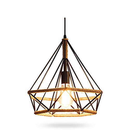 Loft geométrico de metal jaula con cuerda de cáñamo lámpara E27 vintage lámpara colgante creativa para el comedor o el café colgante de iluminación