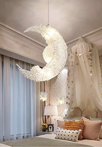 Luna creativa y estrellas de hadas LED lámpara colgante araña luz de techo niños decoración del dormitorio de los niños (Warm Light)
