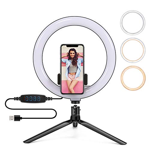 Luz de Anillo LED Escritorio, PTN Luz de Anillo con Soporte de Trípode, Kit de Iluminación de Relleno de Temperatura de 3 Colores Ajustable para Grabación de Video por Teléfono, Tiktok, Youtube