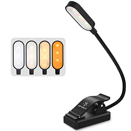 Luz de Lectura Recargable(4 Colores), LENCENT 9 LED con 12 Modos de Luz, 360 ° Flexible Lámpara de Libro Clip Pinza para Leer Libros, Revistas, Estudio y Viajar etc.[Ámbar / Blanco / Cálido / Mixto]