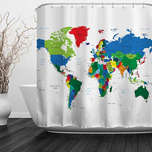 Mapa del mundo cortina de ducha educativo para niños, mapa geográfico con países, capitales principales y océanos, baño, 182,88 x 182,88 cm