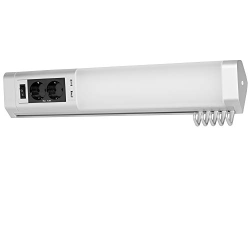 Monzana Lámpara regleta LED de interior con tomacorrientes conexiones USB y ganchos para la cocina armario interruptor