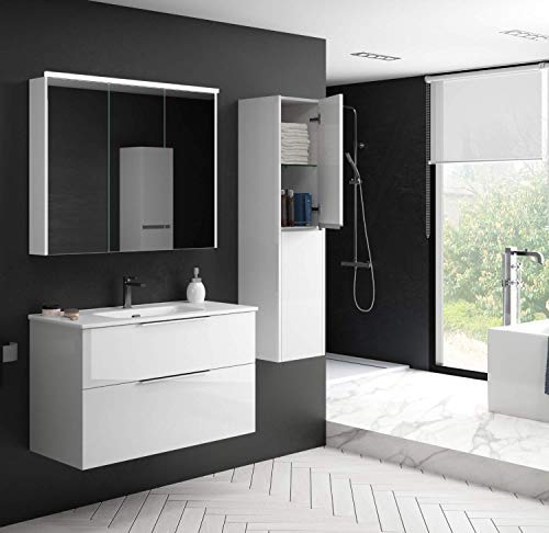 Mueble de Baño Suspendido con Lavabo Cerámico Galsaky | 2 cajones con Cierre Amortiguado y Organizador| Guías Hettich Medidas (100 cm, Blanco Brillo)