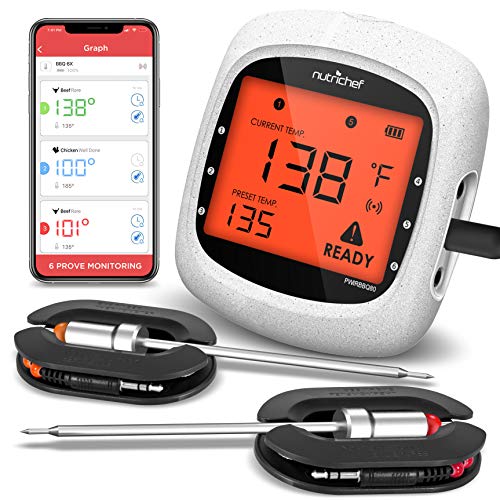 NutriChef Smart Bluetooth barbacoa termómetro w/pantalla digital - inoxidable Dual sondas seguro a dejar en al aire libre barbacoa carne ahumador - PWIRBBQ80