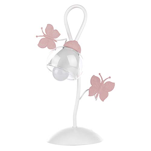 ONLI Lámpara de mesa de metal Mariposas pintadas cristal transparente 6 W, blanco/rosa
