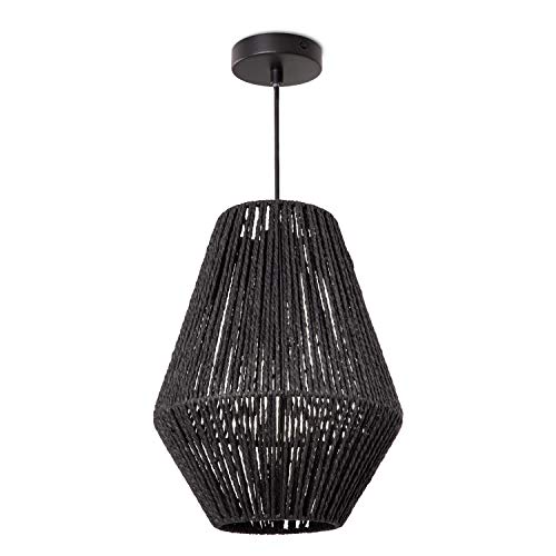 Paco Home Lámpara LED De Techo E27, Diseño Bohemio Ratán Mimbre Salón Comedor Pasillo, Pantalla de lámpara: Negro (Ø30 cm), Tipo de lámpara: Lámpara Colgante Negro + Bombilla