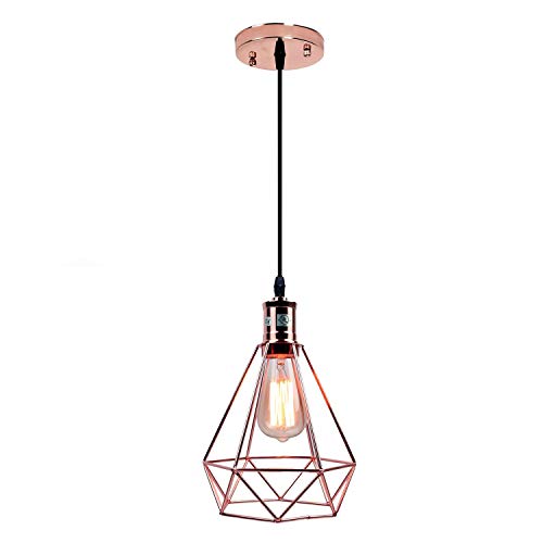 Pauwer Lámpara colgante de alambre, iluminación industrial, vintage, Edison, lámpara de techo, jaula sombra (oro rosado)
