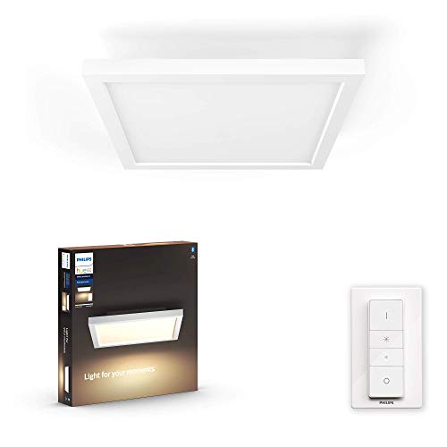 Philips Hue Aurelle Plafón / Lámpara Inteligente LED blanca cuadrada con Bluetooth, Luz Blanca de Cálida a Fría, Compatible con Alexa y Google Home
