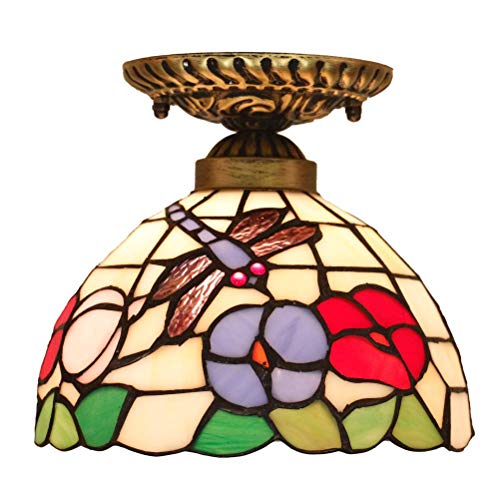 Plafón Tiffany - Lámpara de techo de cristal multicolor barroco estilo mediterráneo Libellula para pasillo, balcón, cocina, dormitorio, entrada E27, 20 x 20 cm