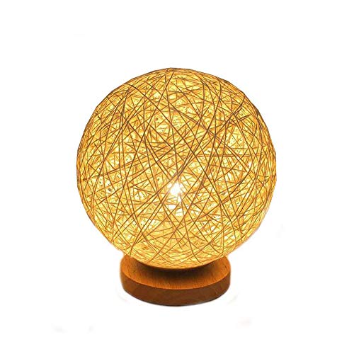 Powstro Lámpara de mesa de ratán, lámpara creativa LED nocturna con pantalla tejida a mano de madera, dormitorio, lámpara decorativa para mesita de noche, color dorado