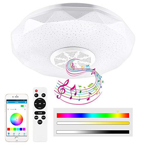 Prenine Lámpara LED de techo con música regulable con altavoz Bluetooth 5.0 y función de memoria, admite la reproducción de música, lámpara LED para interiores, cocina, dormitorio, salón
