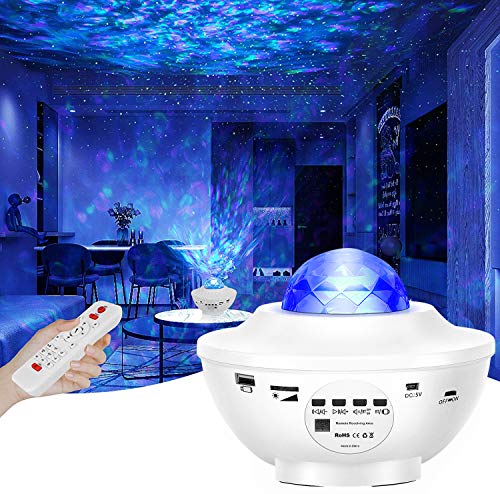 Proyector de Luz Estelar, 2 en 1 LED Cambiar Color Reproductor de Música con Bluetooth Temporizador, Lámpara Luces Nocturnas de Nebulosa Giratorio con Control Remoto, Niños/Decoración/Regalo(blanco ）