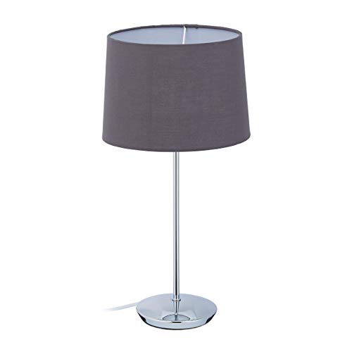 Relaxdays Lámpara de mesa con pantalla de tela, base cromada, casquillo E14, salón y dormitorio, moderna lámpara de mesita de noche, color gris