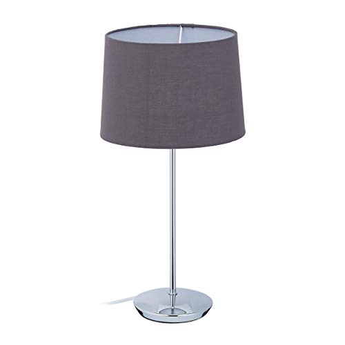 Relaxdays Lámpara de mesa con pantalla de tela, base cromada, casquillo E14, salón y dormitorio, moderna lámpara de mesita de noche, color gris Relaxdays Lámpara de mesa con pantalla de tela, base cromada, casquillo E14, salón y dormitorio, moderna lámpara de mesita de noche, color gris
