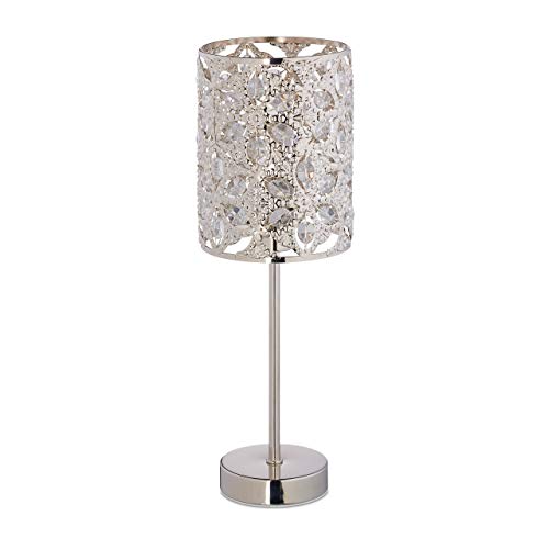 Relaxdays Lámpara de mesa, diseño floral, casquillo E14, para salón y dormitorio, lámpara de mesa de cristal, altura 37 x 12 cm, color plateado