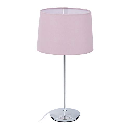 Relaxdays Lámpara de mesa, pantalla de tela, base cromada, casquillo E14, salón y dormitorio, lámpara de noche moderna, color rosa