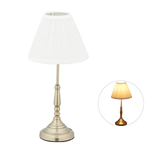 Relaxdays Lámpara de mesa, pantalla de tela vintage, E14, salón y dormitorio, lámpara de mesita de noche, metal, HD 43 x 21 cm, blanco/oro, 10033892