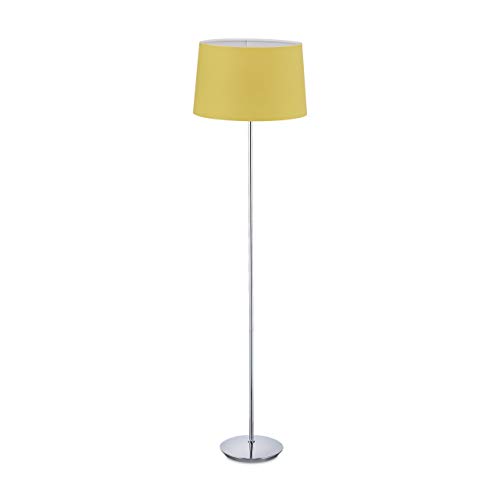 Relaxdays Lámpara de pie con pantalla de tela, pie cromado, casquillo E27, diámetro de 40 cm, para salón, lámpara de pie de 148,5 cm de alto, color amarillo