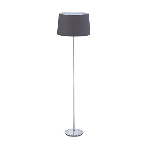 Relaxdays Lámpara de pie con pantalla de tela, pie cromado, casquillo E27, diámetro de 40 cm, para salón, lámpara de pie de 148,5 cm de alto, color gris