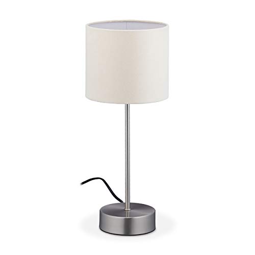 Relaxdays Lámpara para mesita de noche táctil, regulable en 3 niveles, E14, altura de 40 x 16 cm, lámpara táctil con pantalla de tela, color plateado y crema
