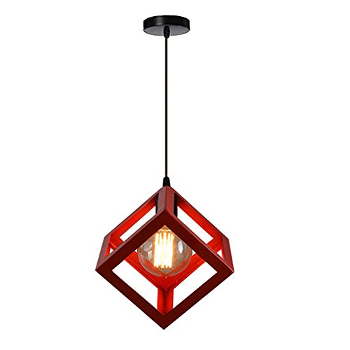 Simple Lámpara Colgante Industrial en Forma de Cubo Luz de Techo Colgante Retro Vintage E27 40W Araña, Rojo
