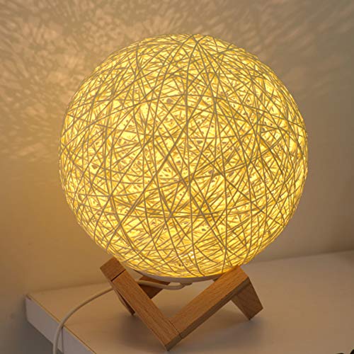 Uonlytech Lámpara de mesilla de noche de LED Lámpara de mesa de ratán con estante de madera Lámpara de escritorio de ratán para dormitorio de casa (1 unidad beige)
