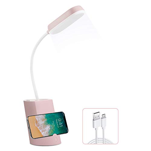 VADIV Lámpara de Escritorio LED con Portalápices y Soporte de Móvil Lámpara de Mesa USB de Carga Brillo de 3 Niveles Control Táctil Plegable Protección para Los Ojos - Rosa